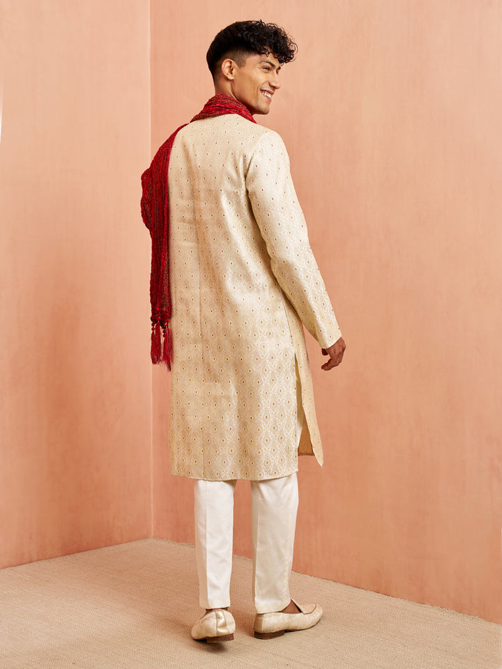 Men's Cream Jacquard Kurta Pyjama Dupatta Set