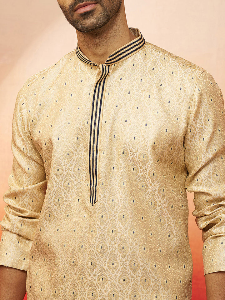 Men Cream Royal Blue Silk Jacquard Kurta