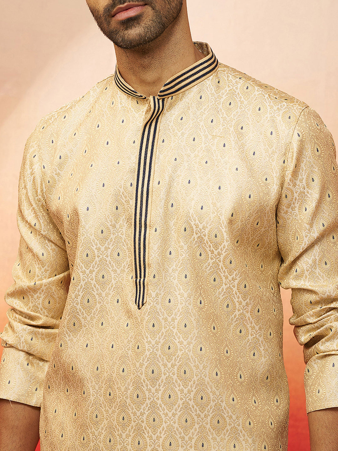 Men Cream Royal Blue Silk Jacquard Kurta