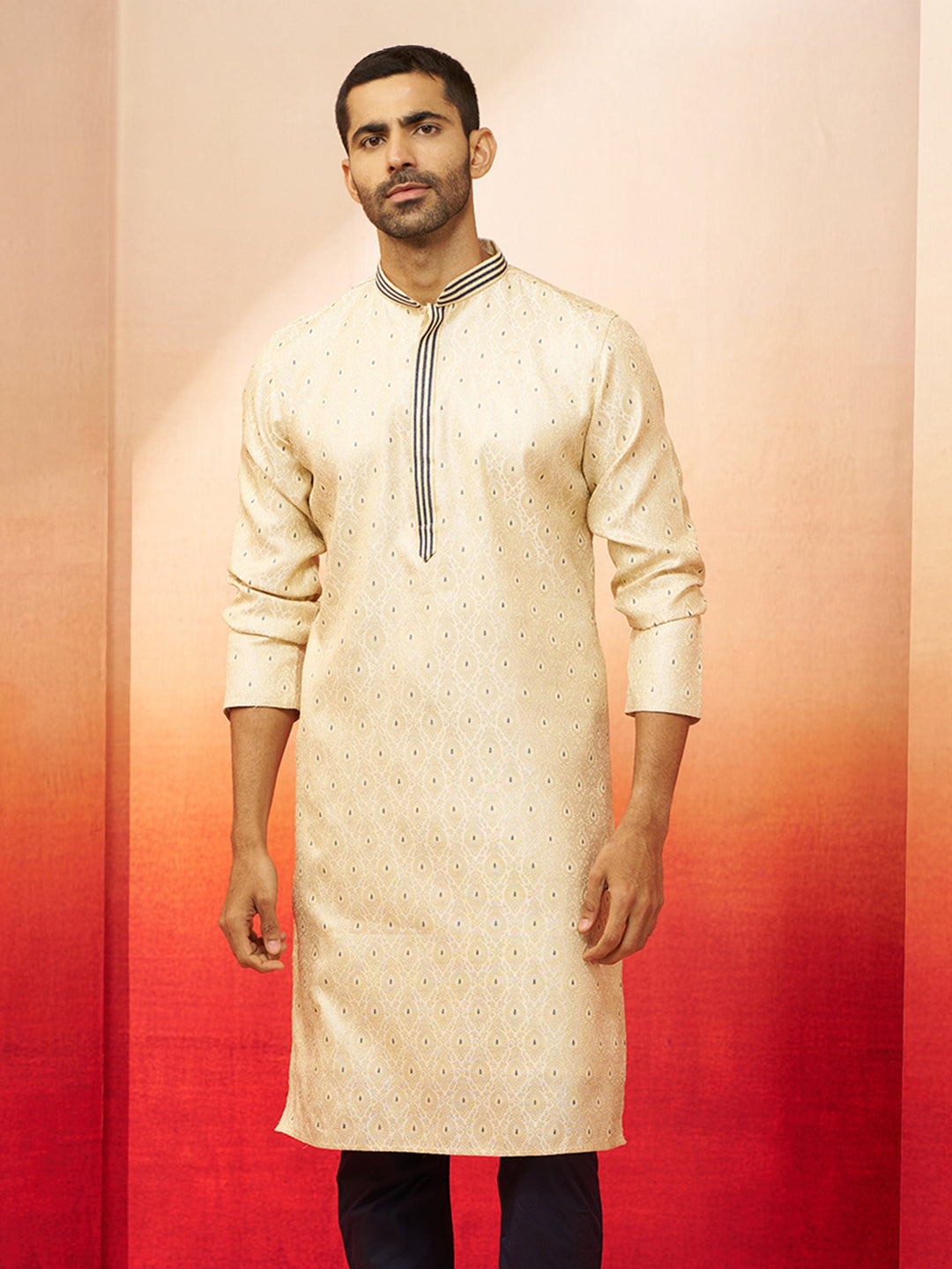 Men Cream Royal Blue Silk Jacquard Kurta