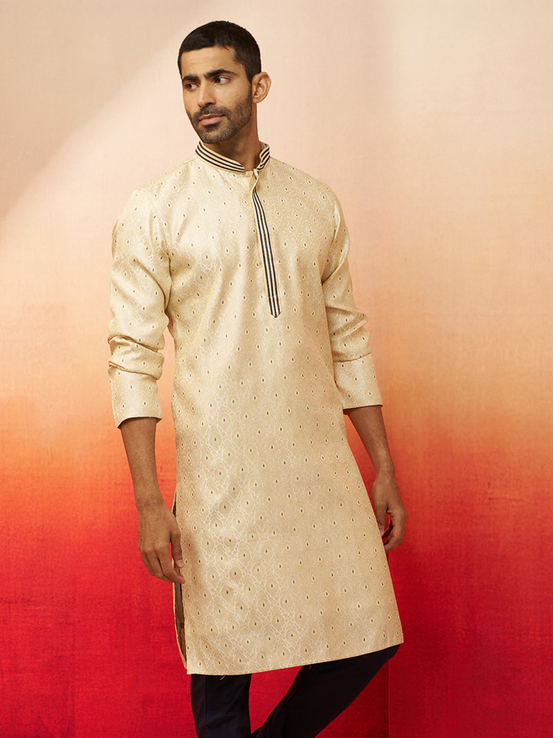 Men Cream Royal Blue Silk Jacquard Kurta