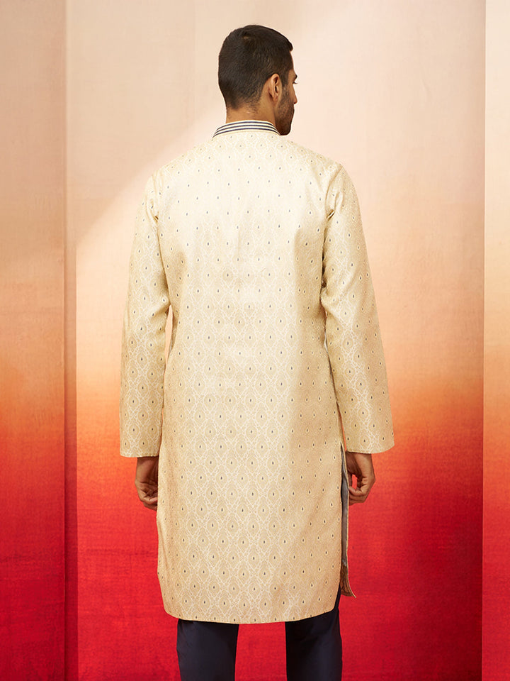 Men Cream Royal Blue Silk Jacquard Kurta