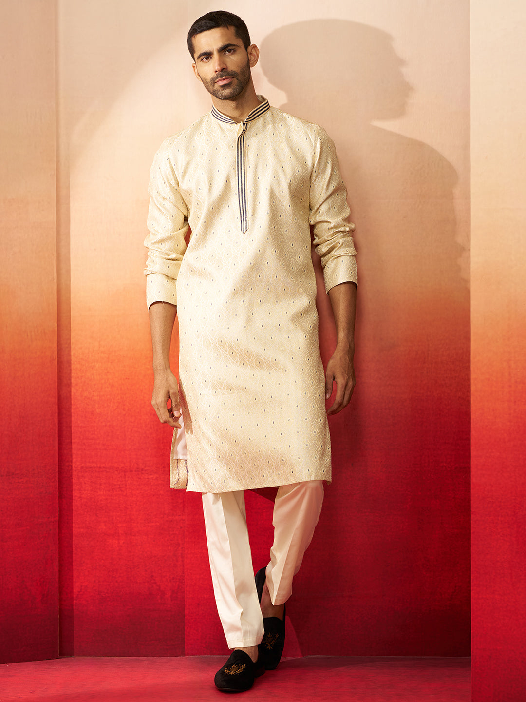 Men Cream Royal Blue Silk Jacquard Kurta