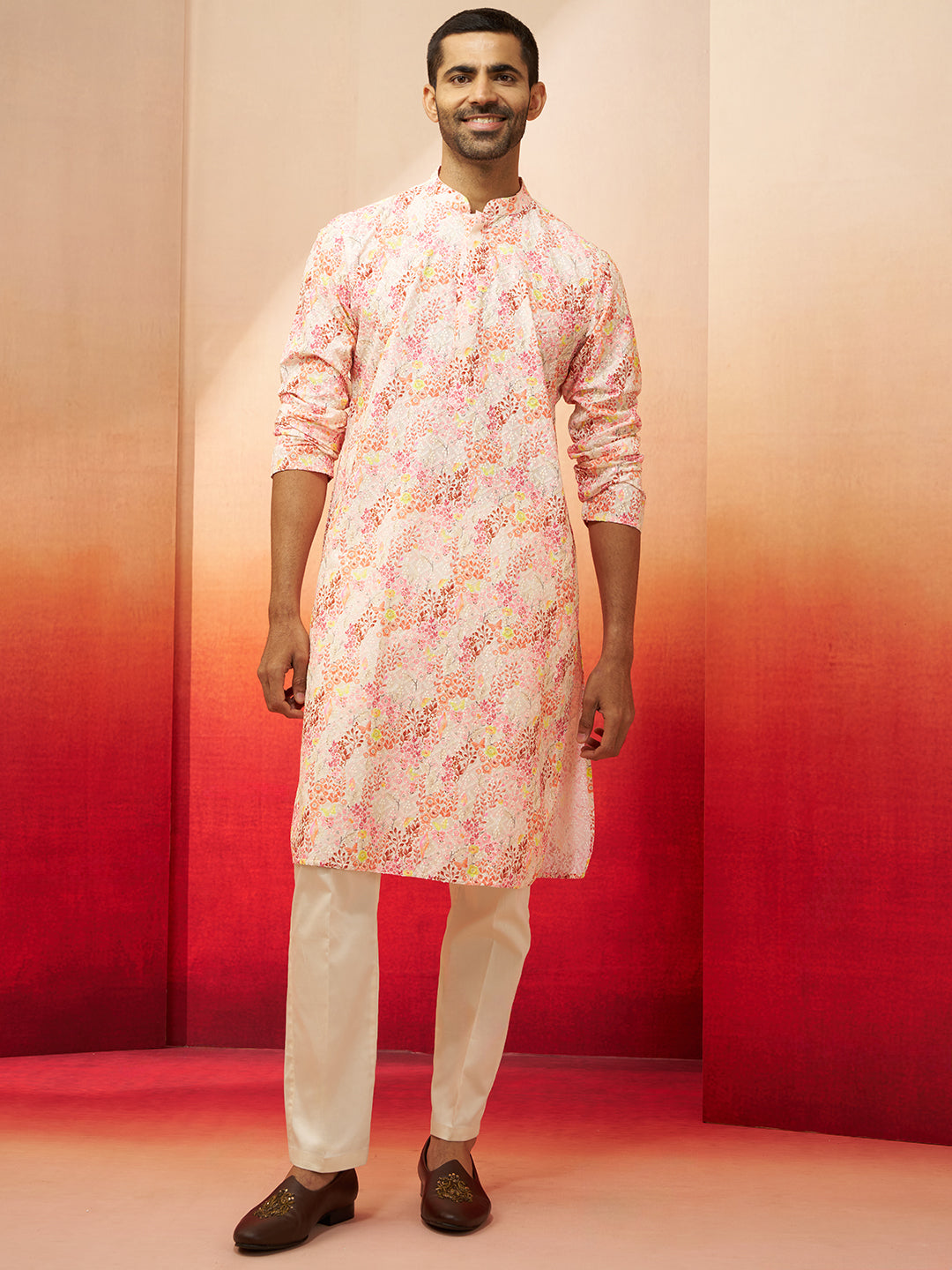 Men's Multicolor Digital Print Kurta with Cream Pants Set