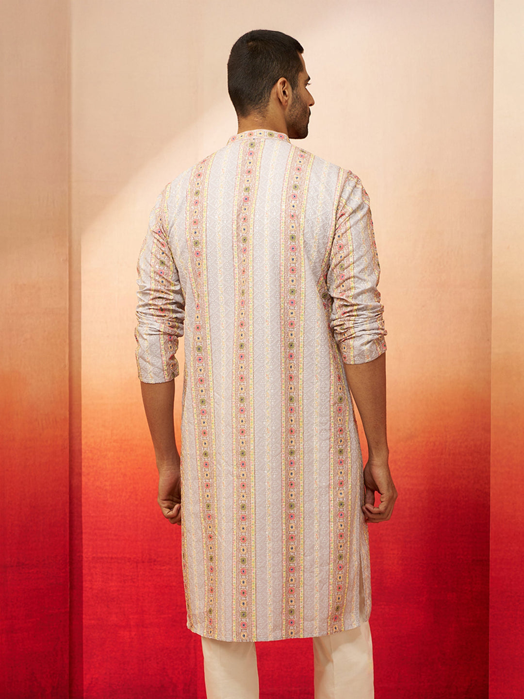 Men Grey Cotton Sequin Embroidered Kurta