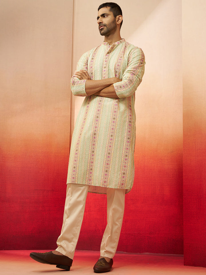 Men Mint Green Cotton Sequin Embroidered Kurta