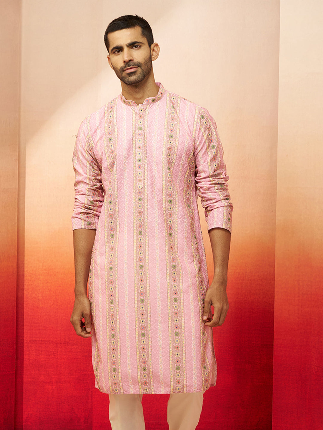 Men Peach Cotton Sequin Embroidered Kurta