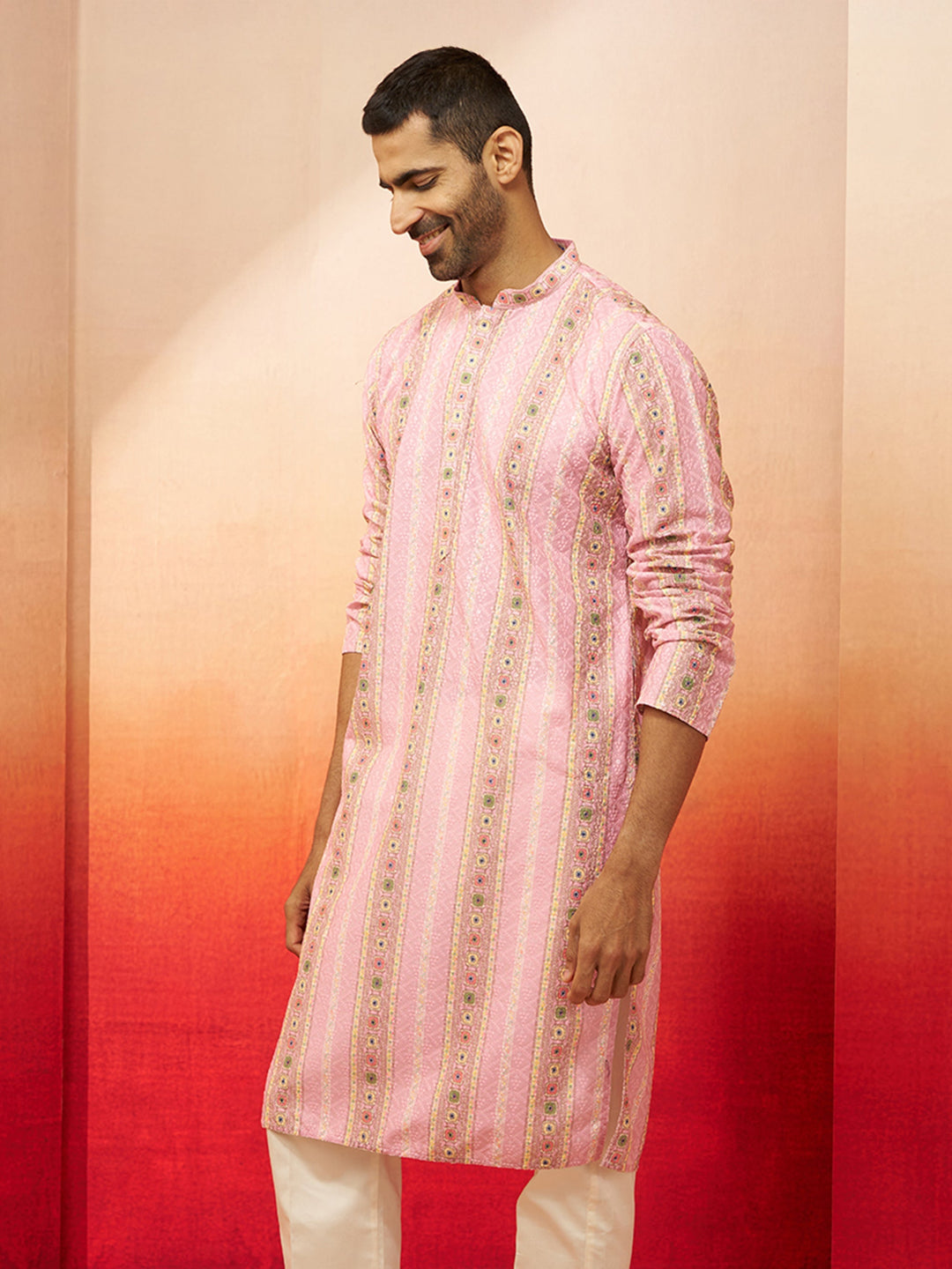 Men Peach Cotton Sequin Embroidered Kurta