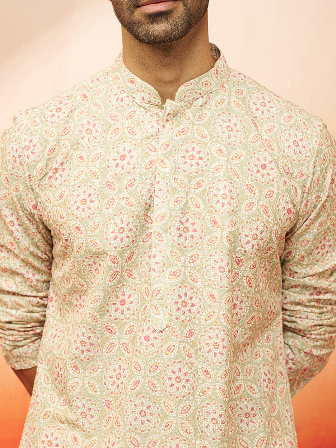 Men Green Cotton Floral Sequin Embroidered Kurta