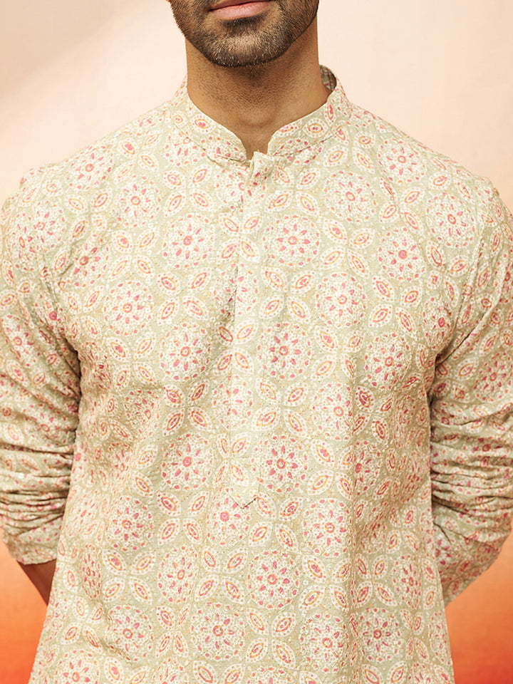 Men Green Cotton Floral Sequin Embroidered Kurta