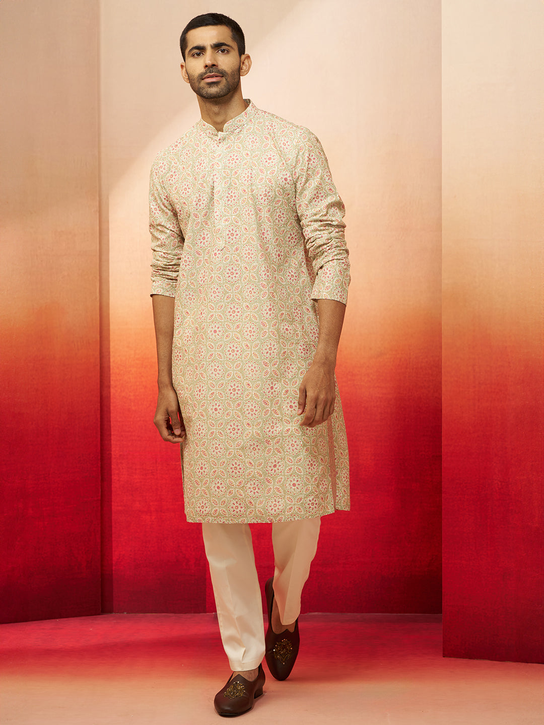 Men's Green Embroidered Kurta with Cream Pants