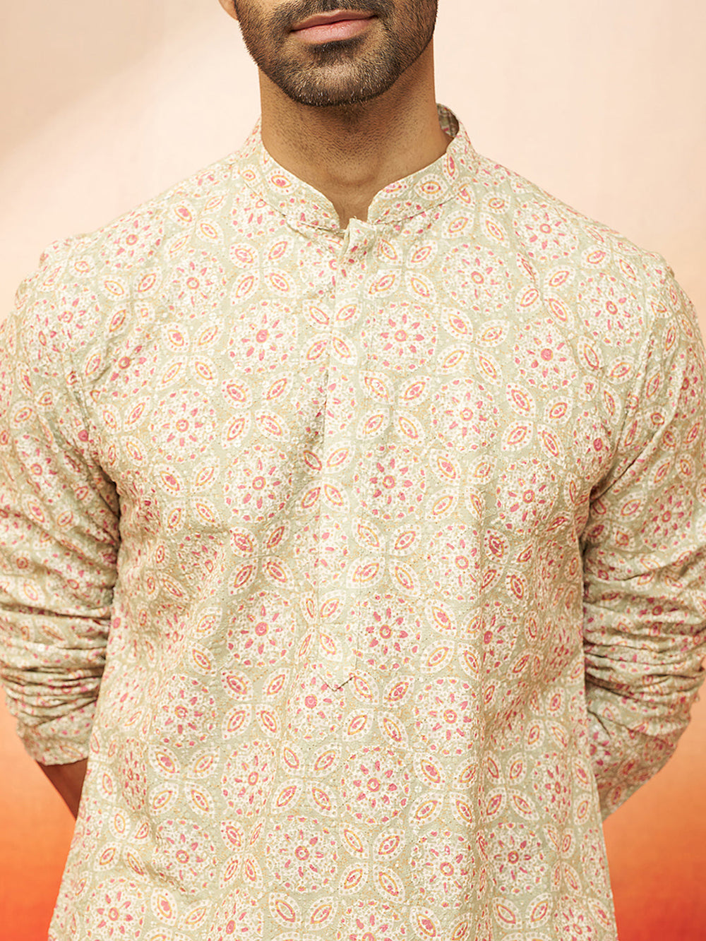 Men's Green Embroidered Kurta with Cream Pants