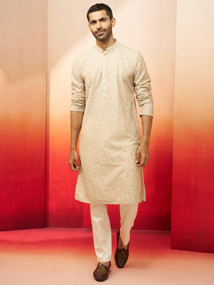 Men's Green Embroidered Kurta with Cream Pants