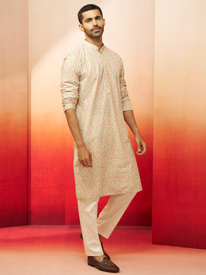 Men's Green Embroidered Kurta with Cream Pants