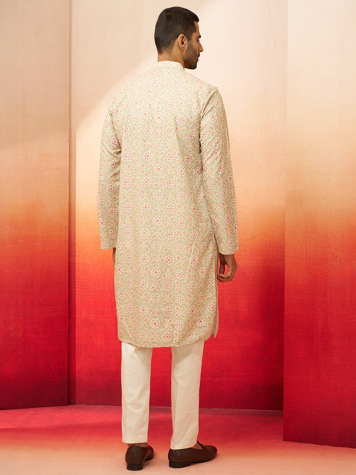 Men's Green Embroidered Kurta with Cream Pants