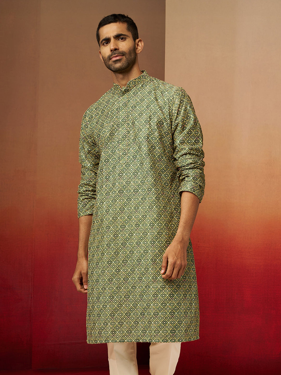 Men Green Cotton Gems Work Kurta