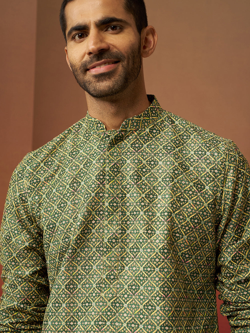 Men Green Cotton Gems Work Kurta