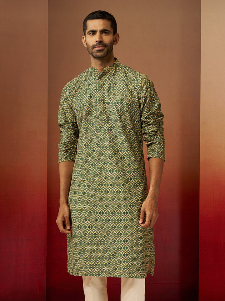 Men Green Cotton Gems Work Kurta