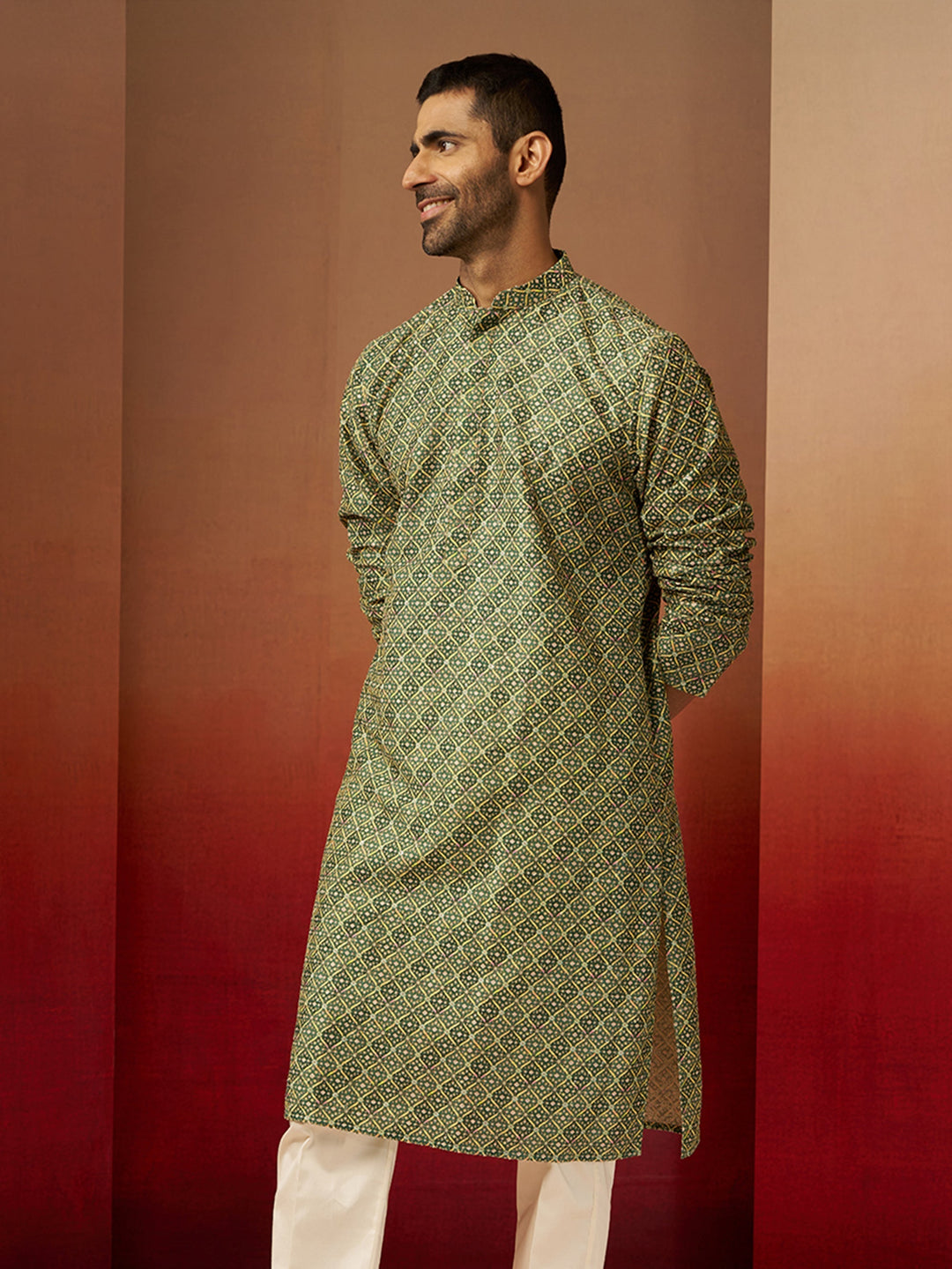 Men Green Cotton Gems Work Kurta
