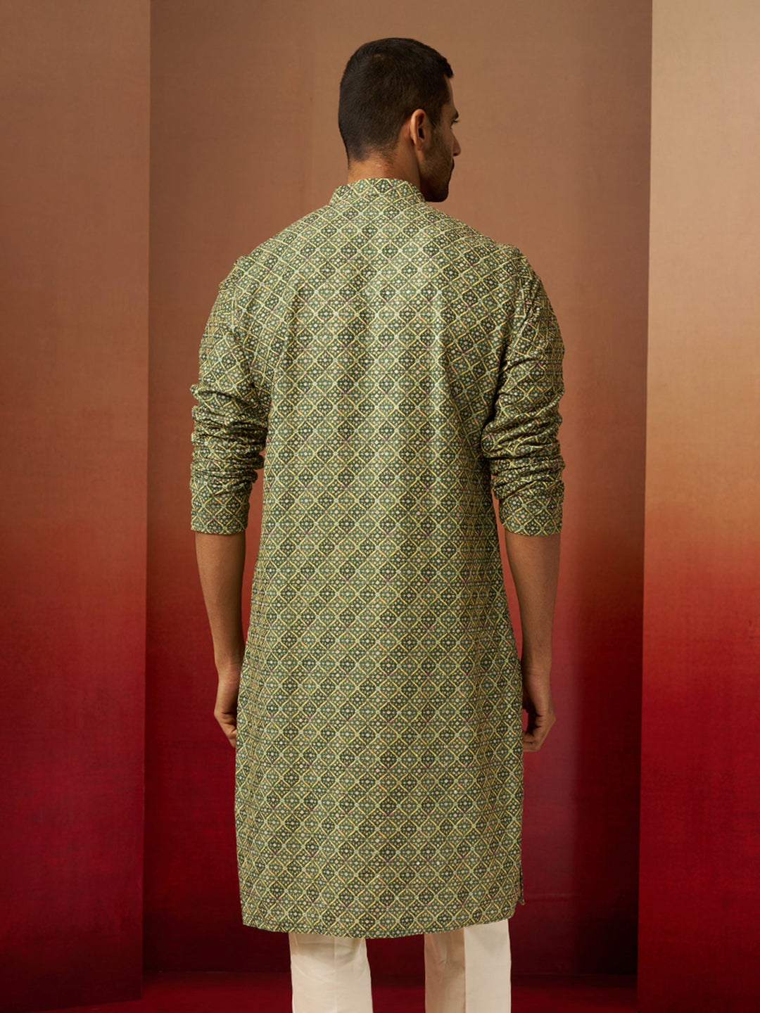 Men Green Cotton Gems Work Kurta