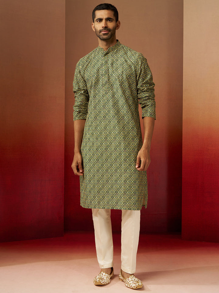 Men Green Cotton Gems Work Kurta