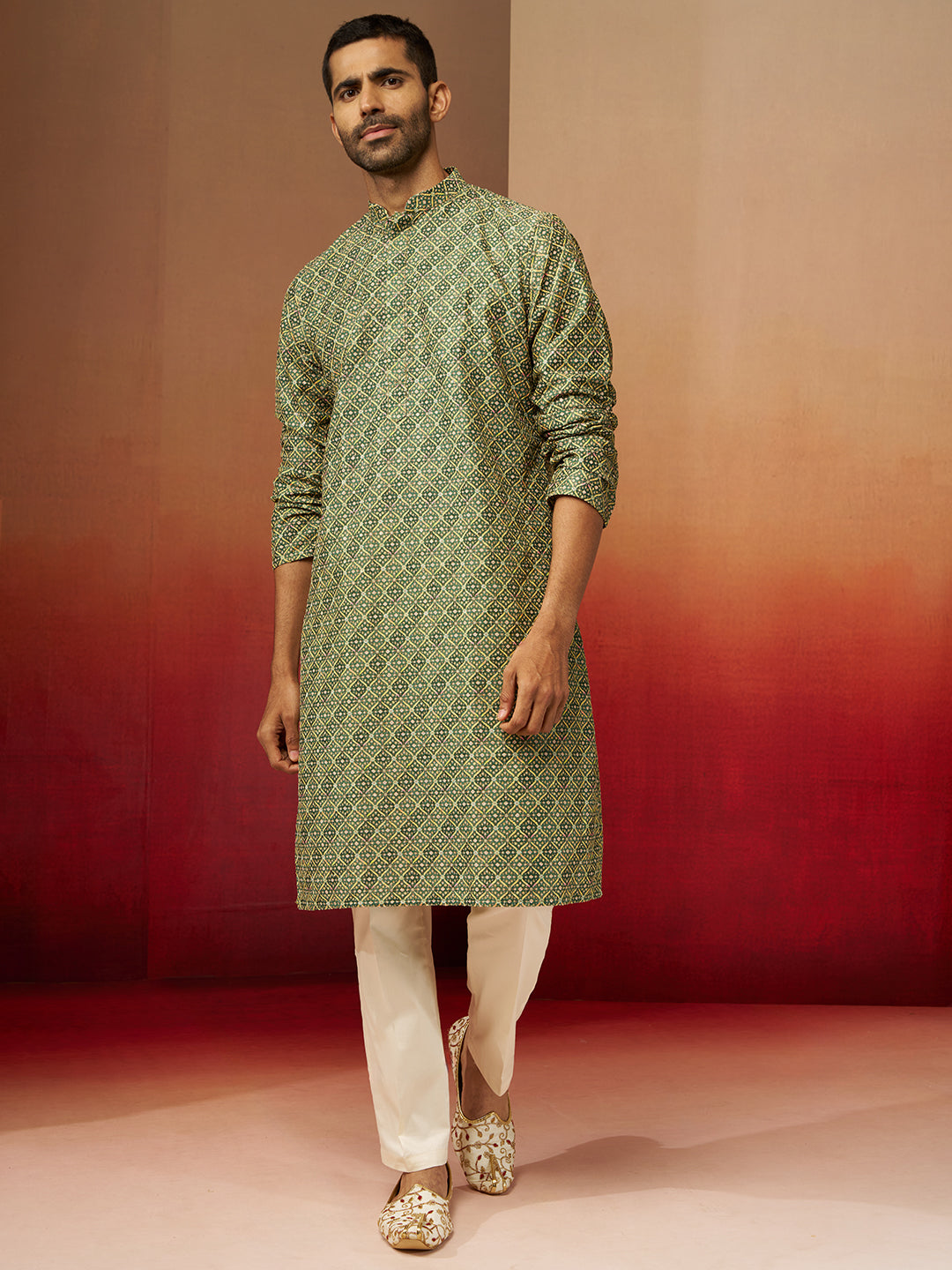 Men's Green Digital Print Kurta with Pyjama