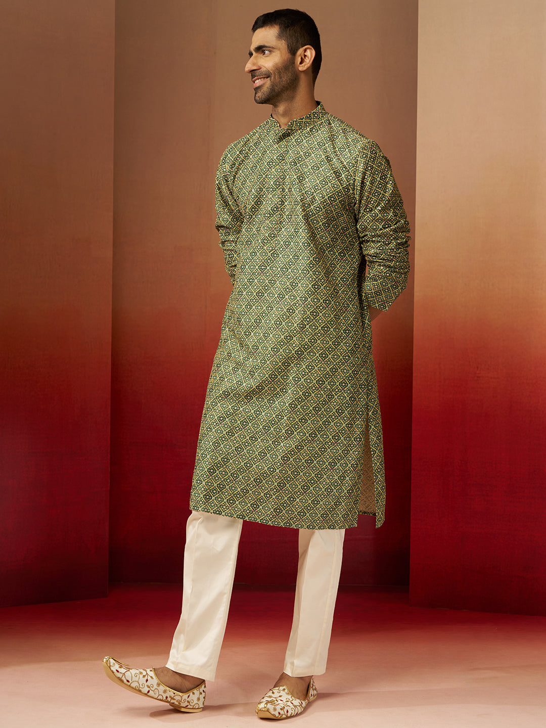 Men's Green Digital Print Kurta with Pyjama