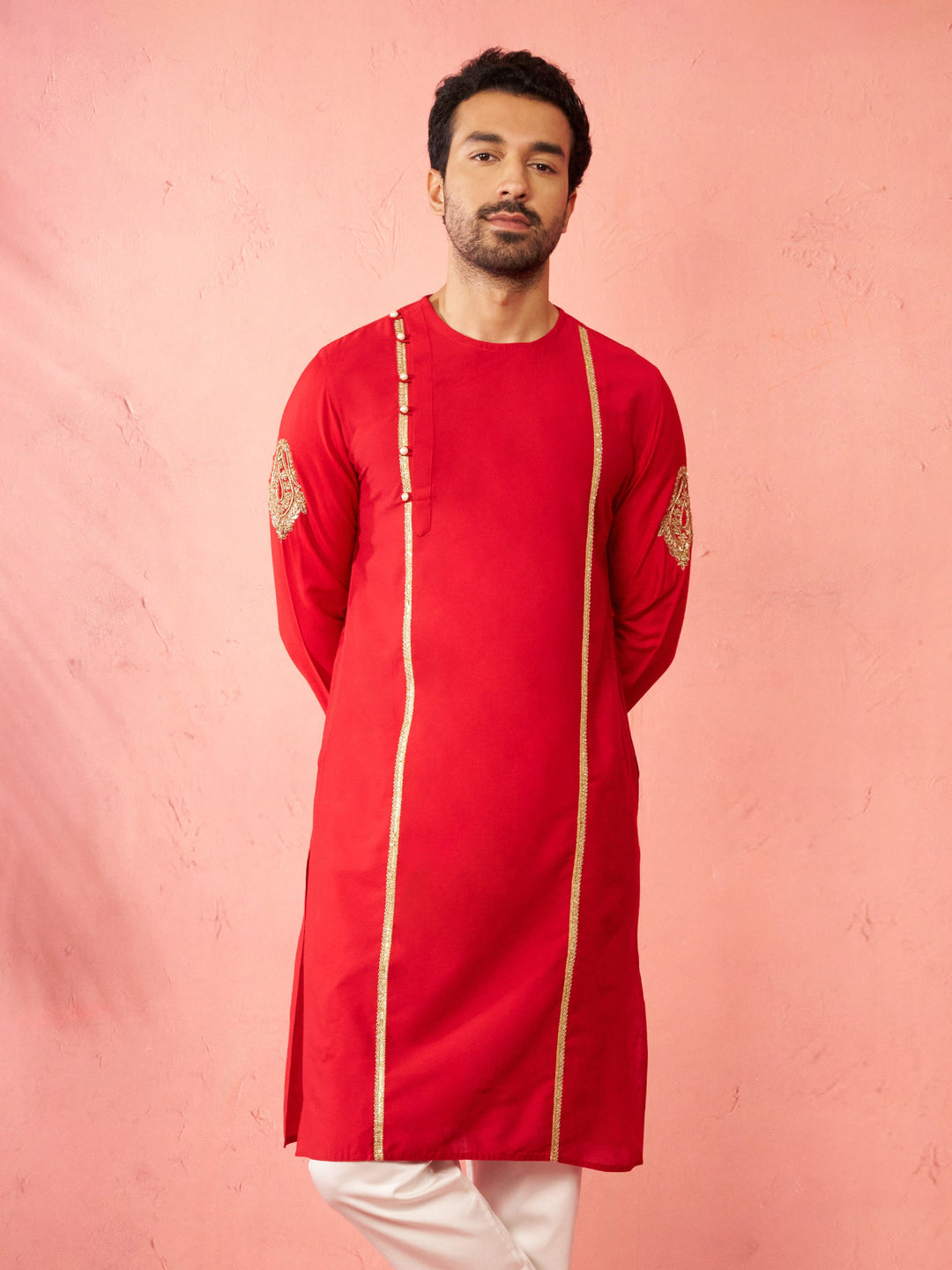 Men's Red Zardozi Embroidered Viscose Kurta