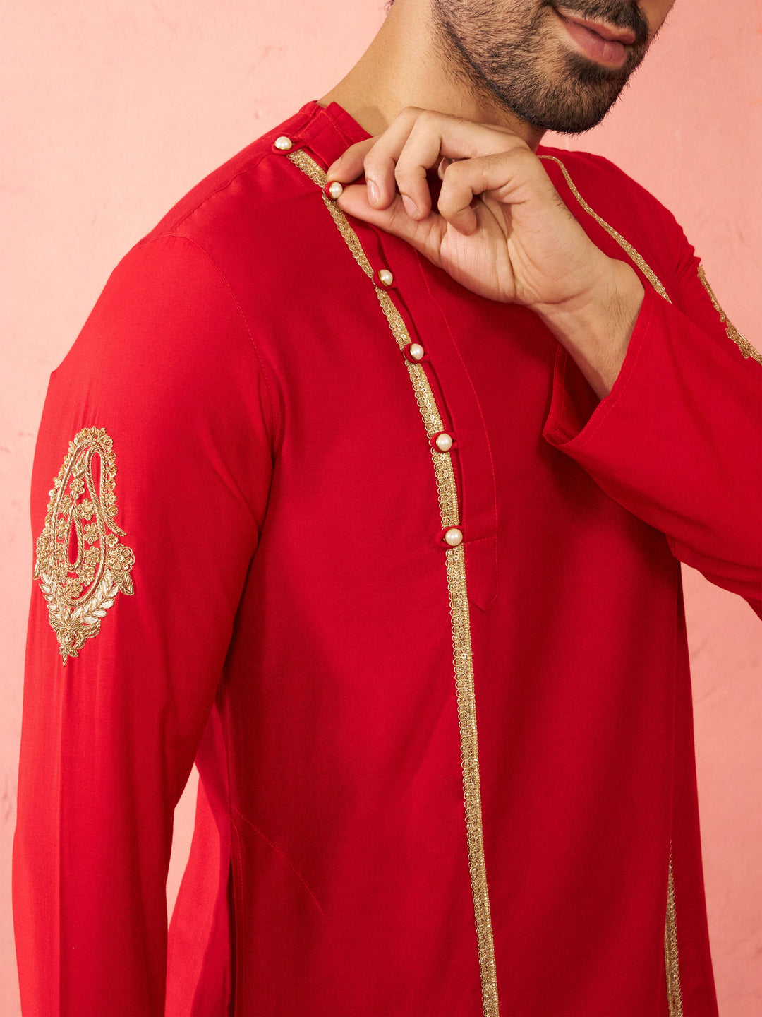 Men's Red Zardozi Embroidered Viscose Kurta