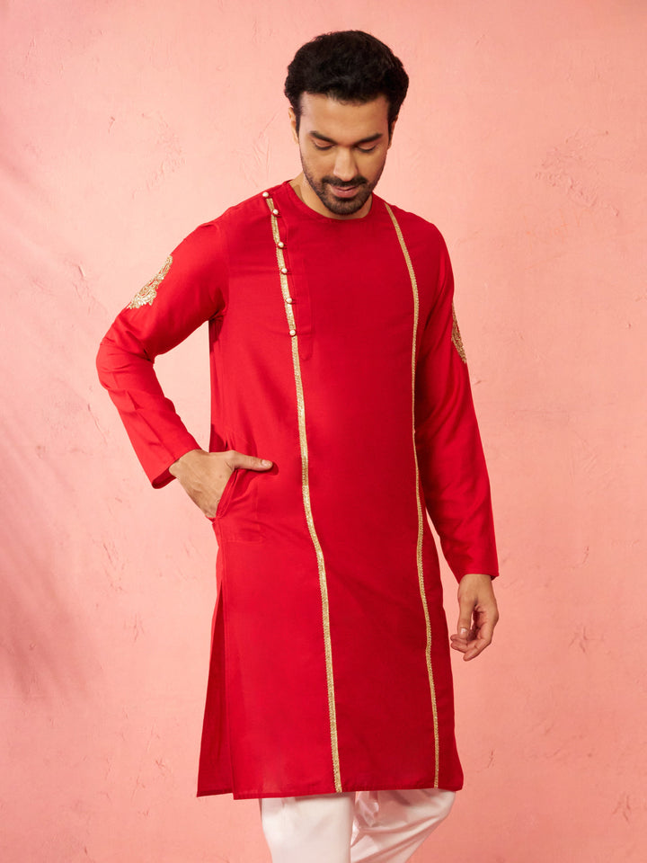 Men's Red Zardozi Embroidered Viscose Kurta