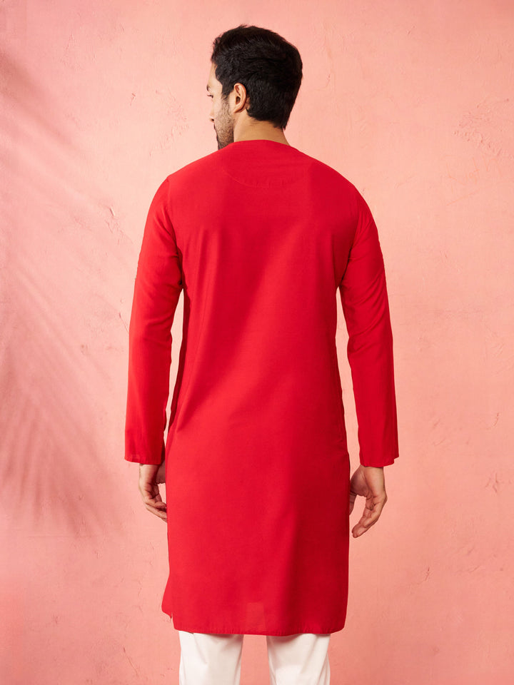 Men's Red Zardozi Embroidered Viscose Kurta