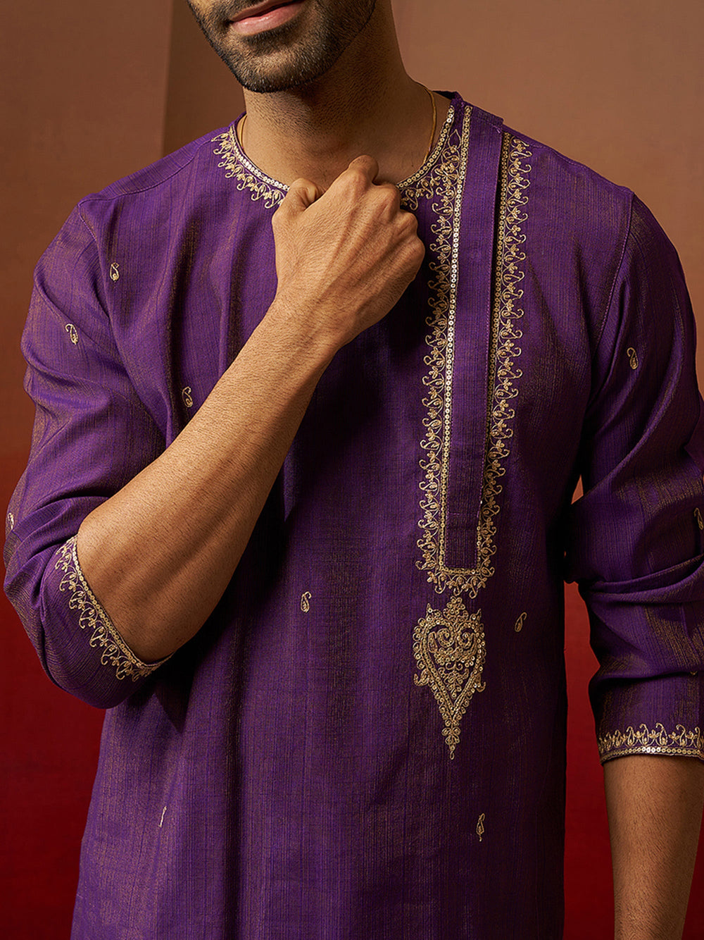 Men Purple Hand Embroidered Kurta