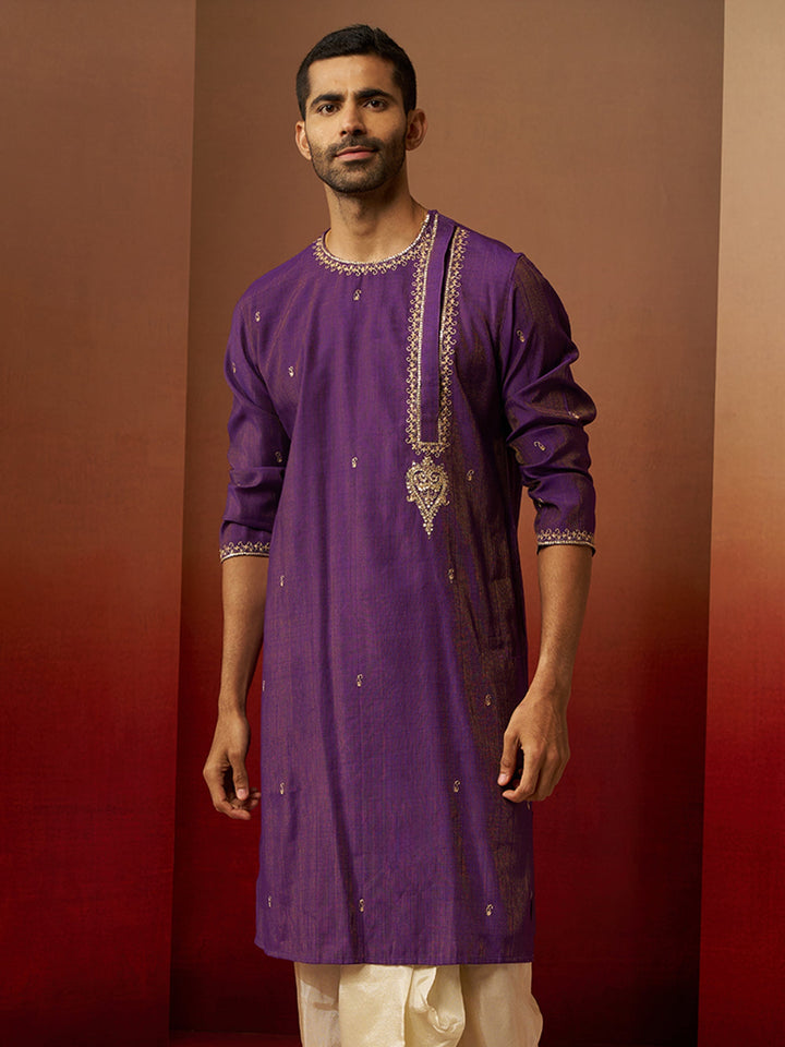 Men Purple Hand Embroidered Kurta
