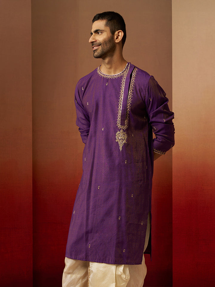 Men Purple Hand Embroidered Kurta