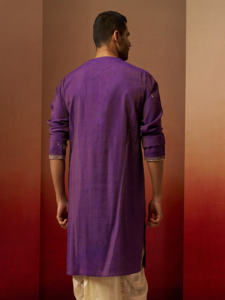 Men Purple Hand Embroidered Kurta