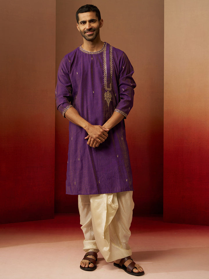 Men Purple Hand Embroidered Kurta