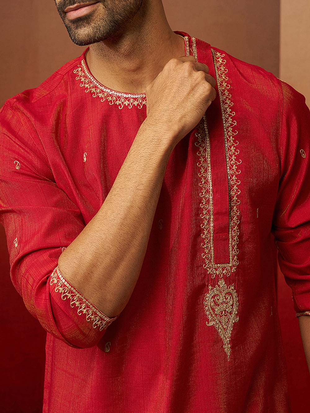 Men Red Hand Embroidered Kurta