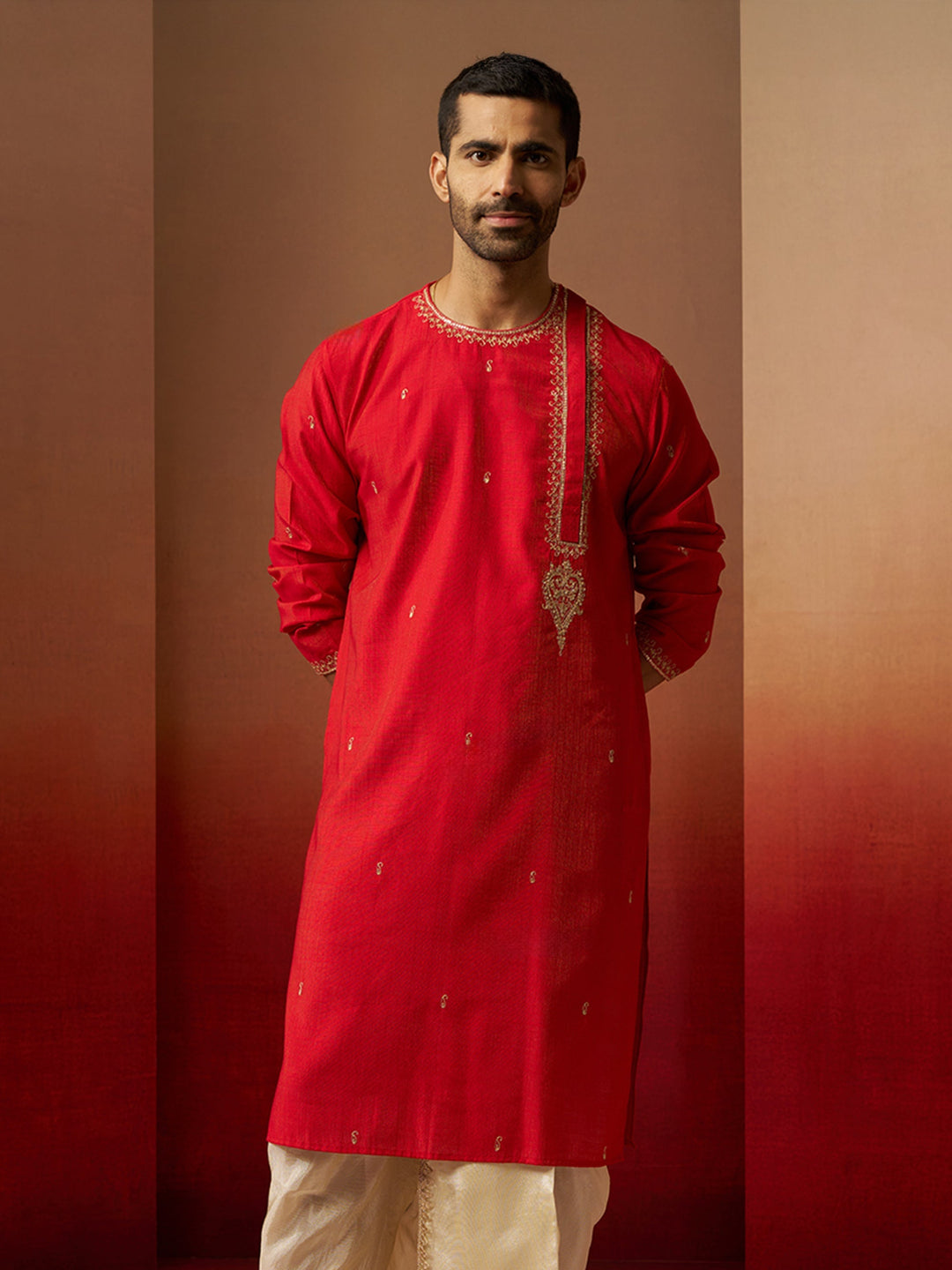 Men Red Hand Embroidered Kurta