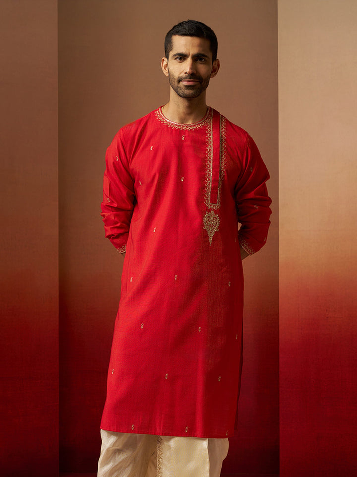 Men Red Hand Embroidered Kurta