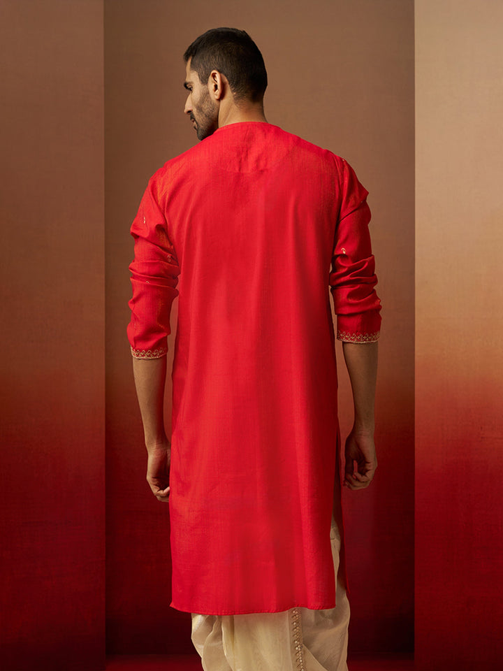 Men Red Hand Embroidered Kurta