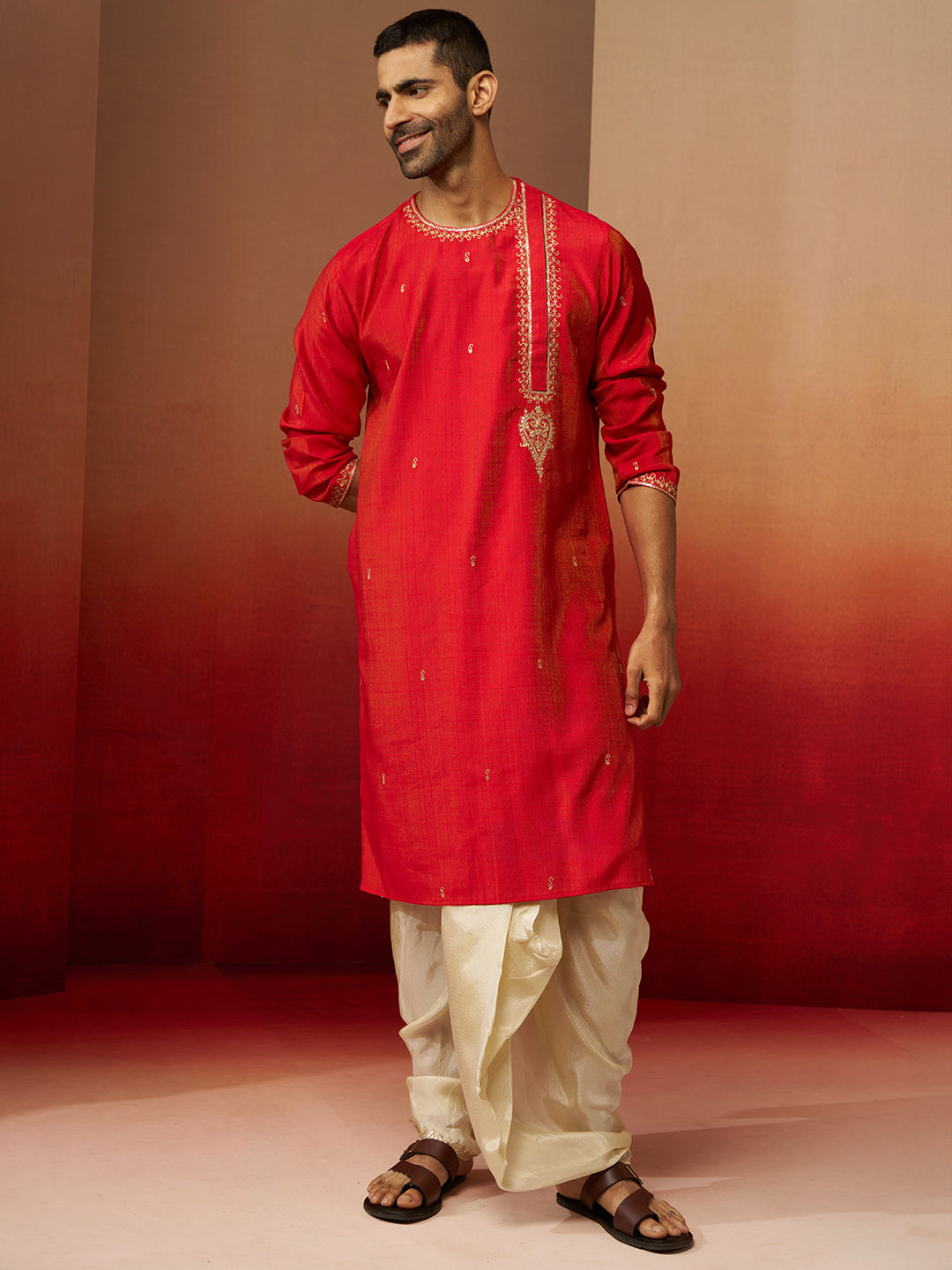 Men Red Hand Embroidered Kurta