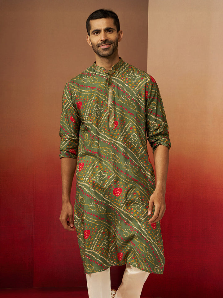 Men Green Pure Muslin Bandhani Print Kurta