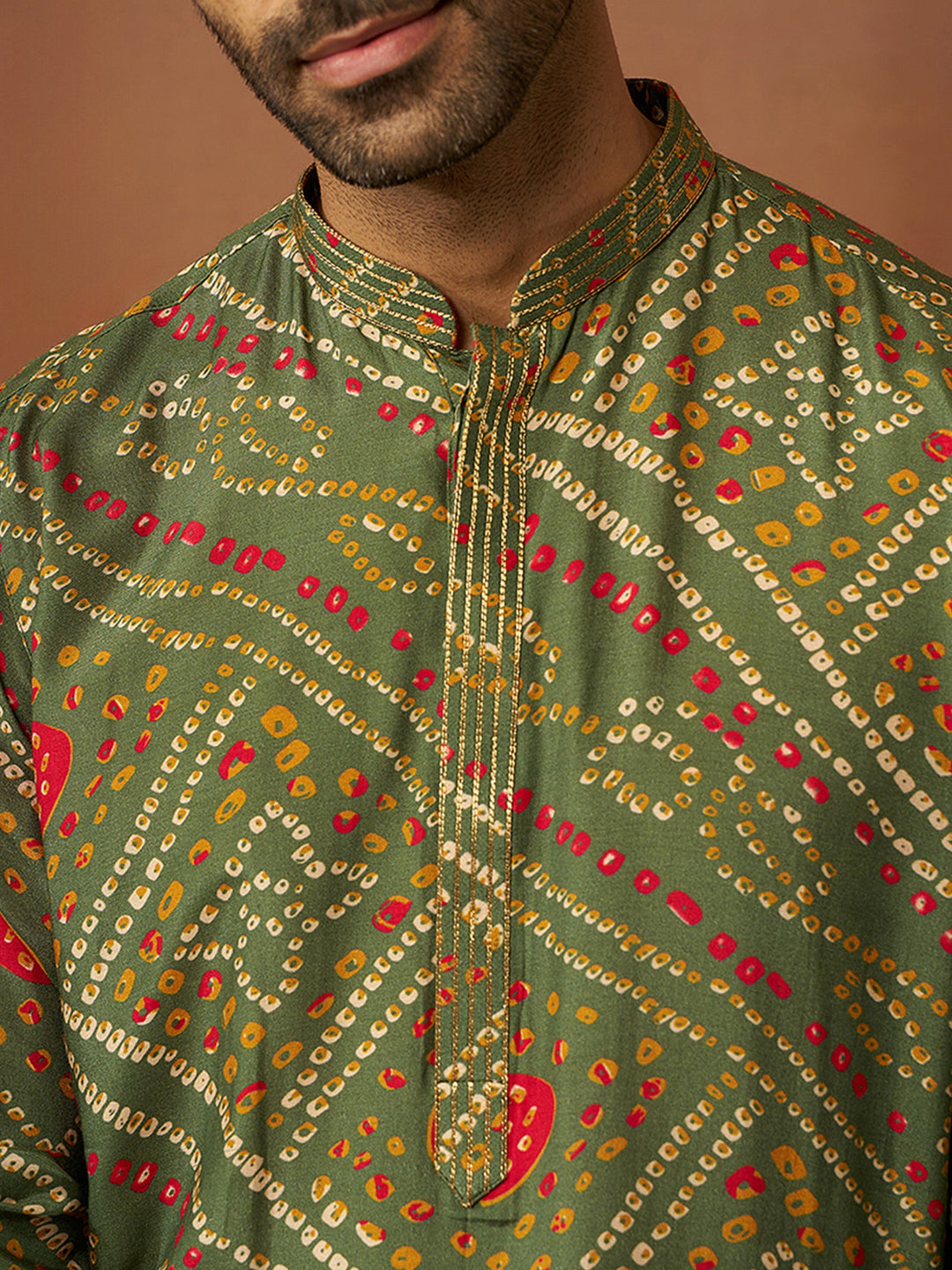 Men Green Pure Muslin Bandhani Print Kurta