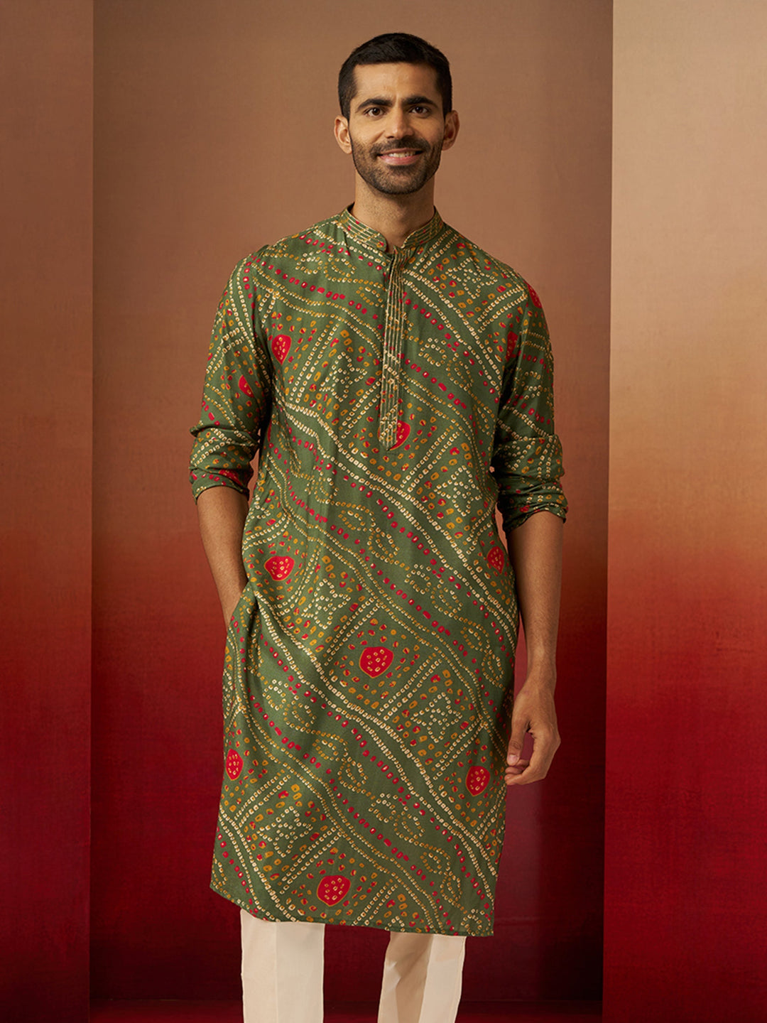 Men Green Pure Muslin Bandhani Print Kurta