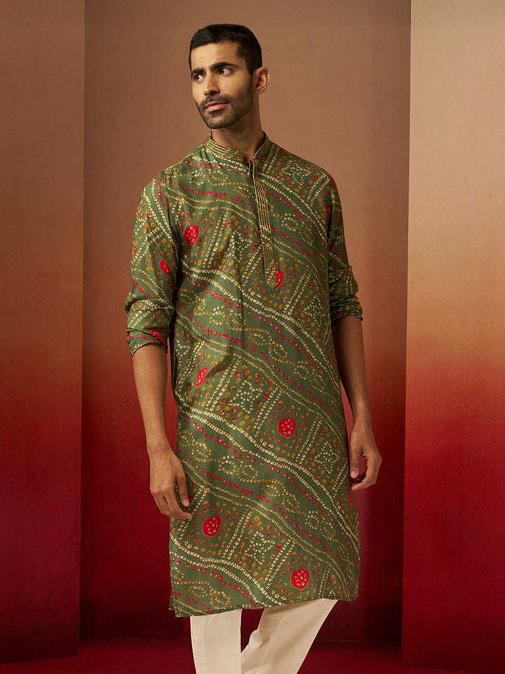 Men Green Pure Muslin Bandhani Print Kurta