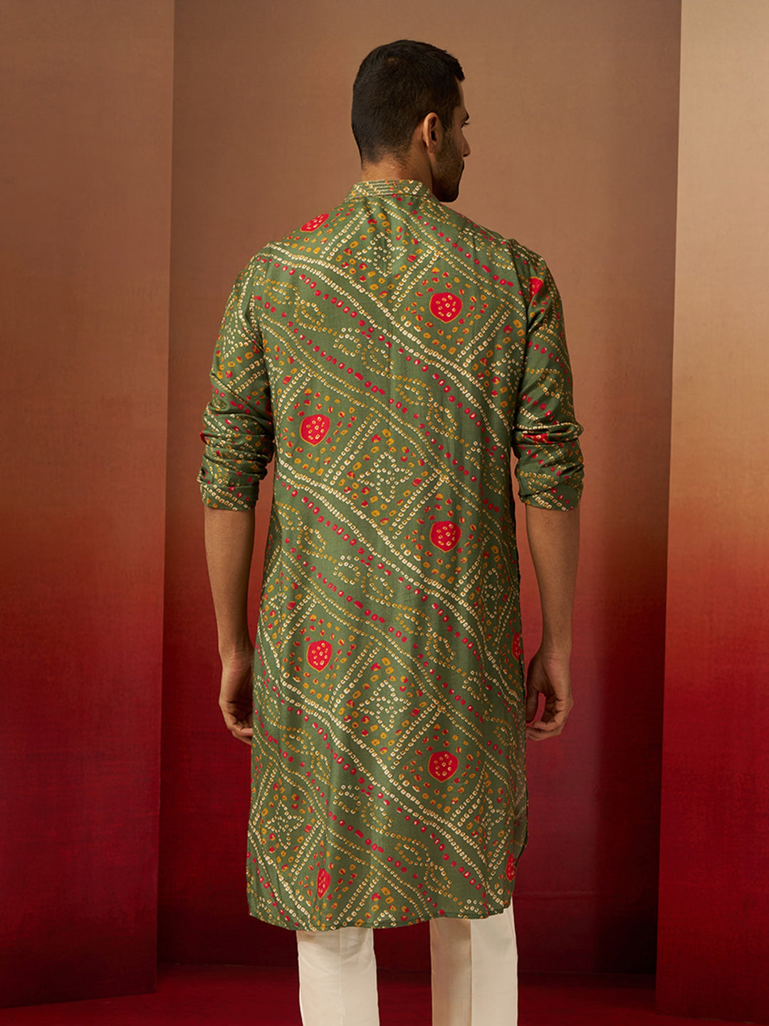 Men Green Pure Muslin Bandhani Print Kurta