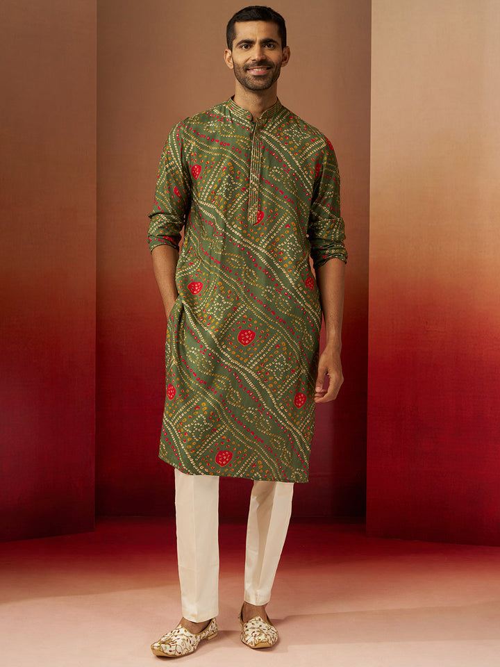 Men's Green Bandhani Kurta with Pyjama