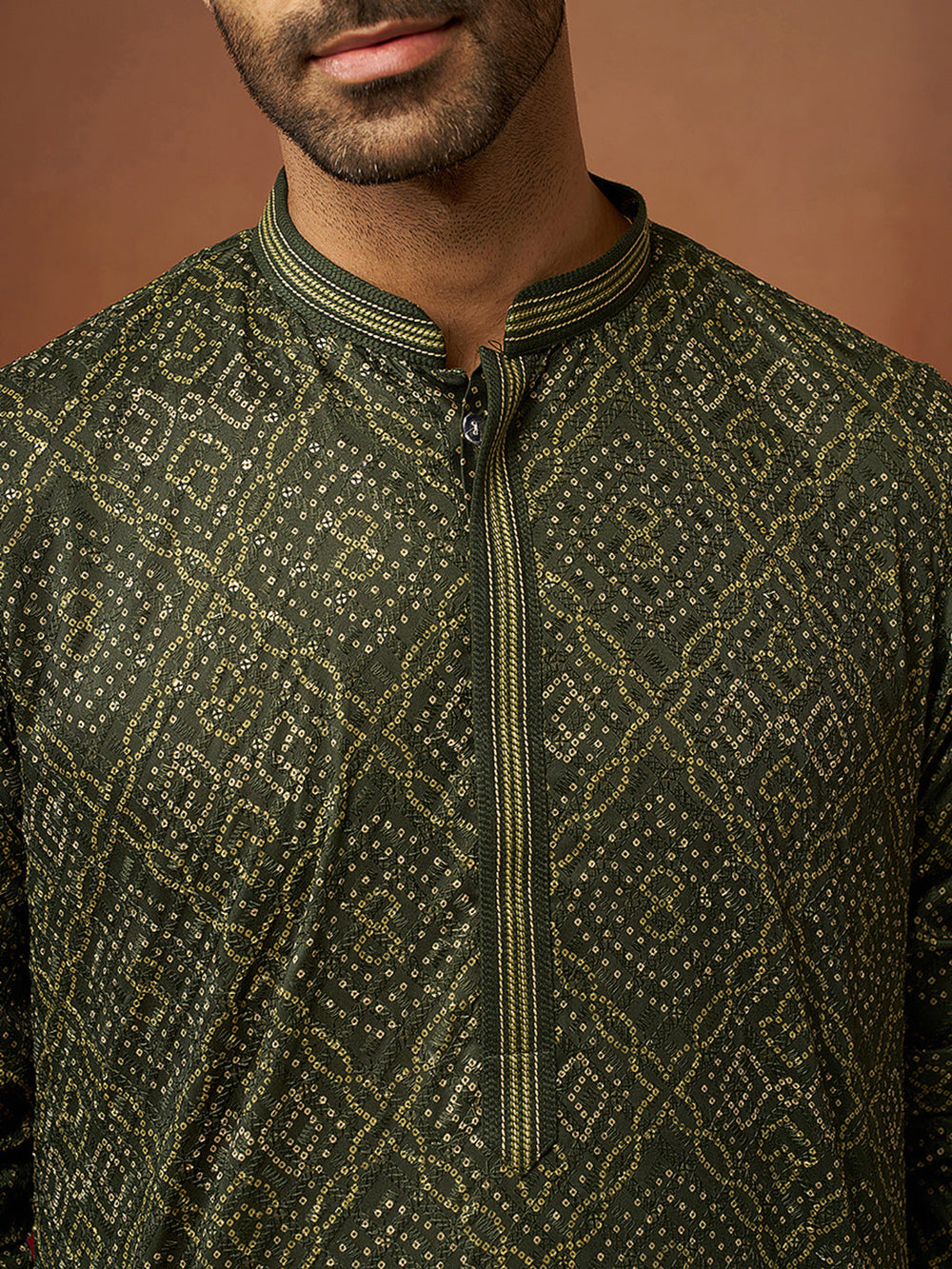 Men's Green Bandhani Gems Work Kurta with Pyjama