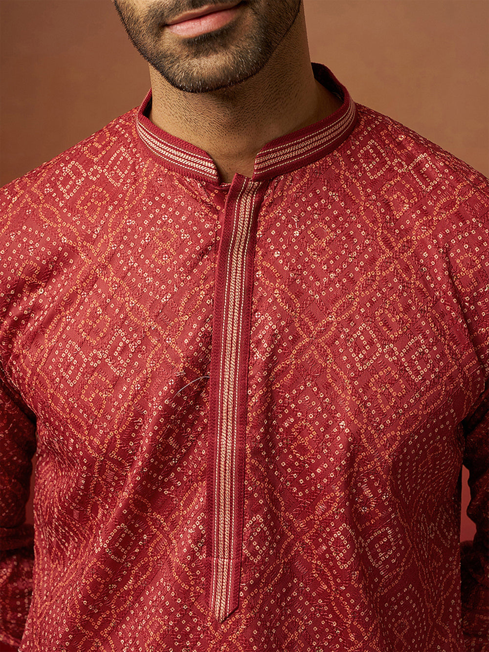 Men Rust Cotton Bandhani Embroidered Kurta