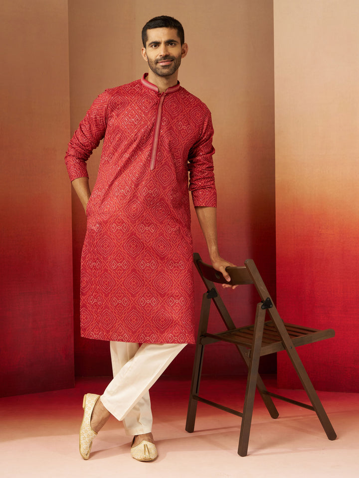 Men's Rust Bandhani Kurta with Pyjama